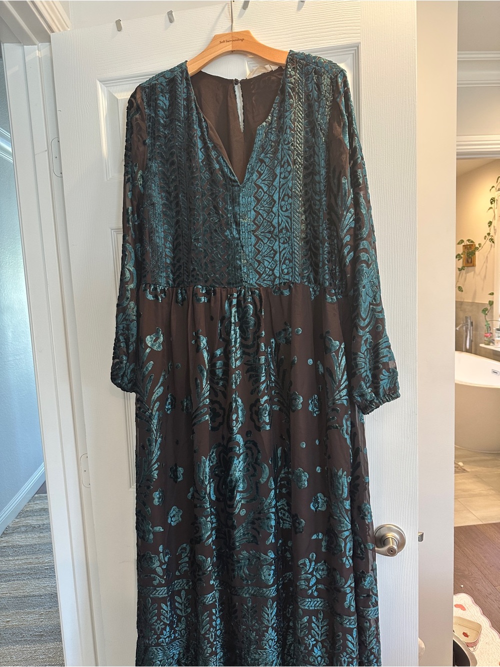 Soft Surroundings Teal and Black Velvet Burnout Maxi Dress